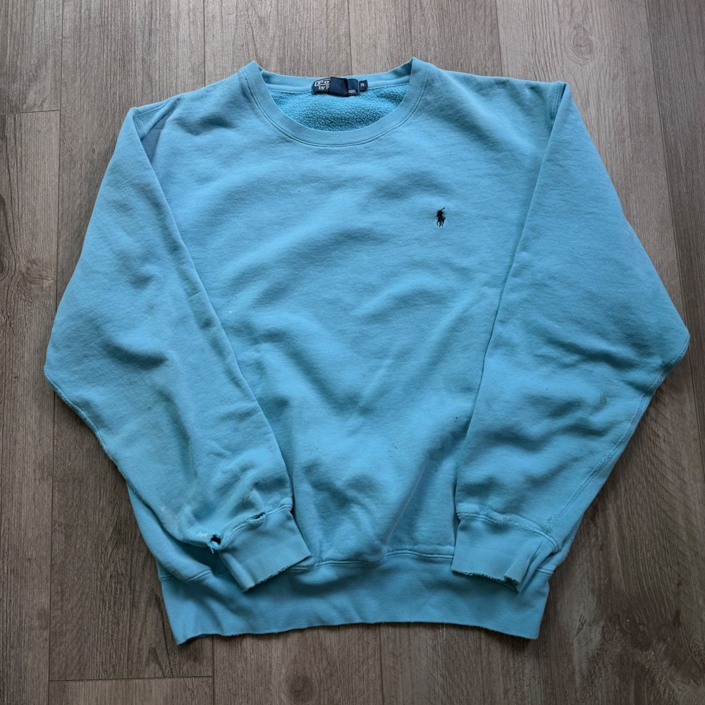 Y2K Vintage Polo Ralph Lauren Sweatshirt M Light Blue Distressed Paint Crewneck